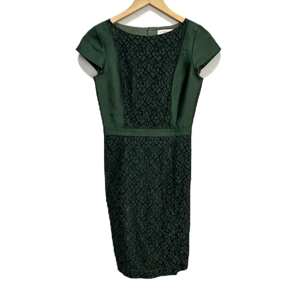 Tory Burch Mariana Satin Jacquard Green Sheath Dress Women’s Sz 2‎